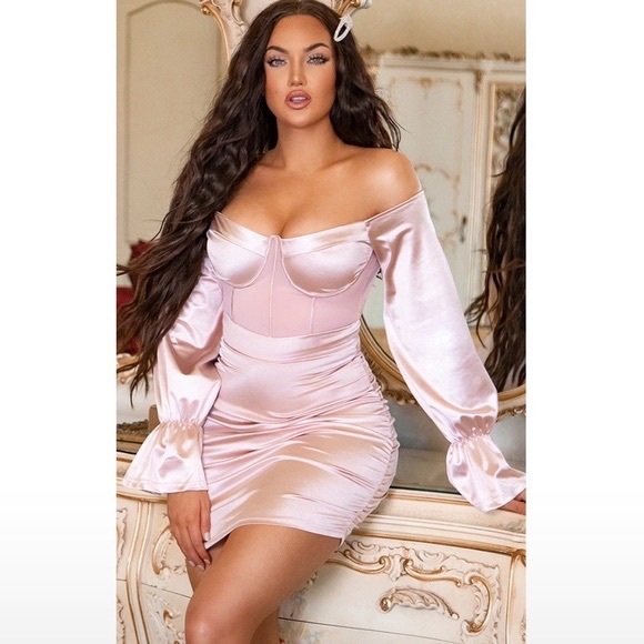 PrettyLittleThing | Dresses | Prettylittlthing Dusty Pink Bardot Satin Mesh  Insert Ruched Bodycon Dress | Poshmark
